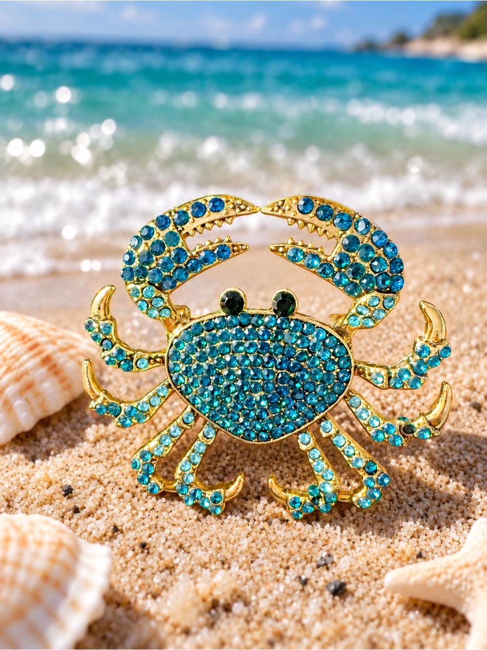 Blue Rhinestone Crab Brooch